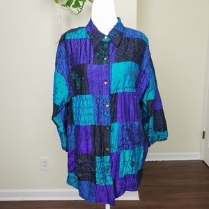 RETRO Chico's Design Beaded and Embroidered Silk Button Down